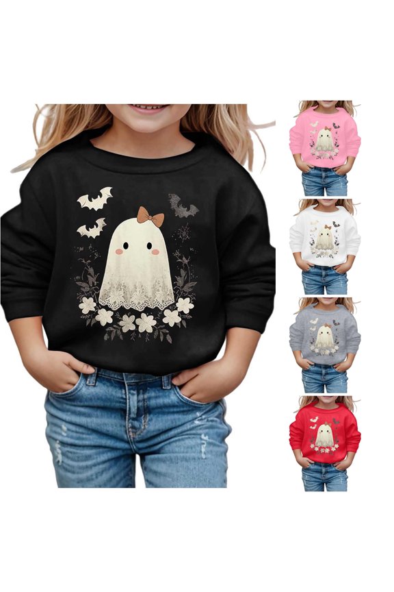 Toddler Girl Sweatshirt Halloween Cartoon Ghost Print Long Sleeve Soft Sweatshirt Kids Cute Crew Neck Pullovers Top Clothes For Girls Hallowmas‌ 3-4 Years