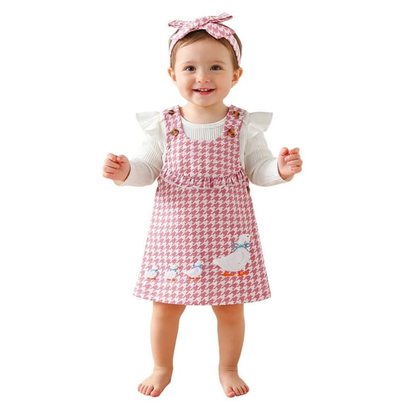 XIYON Toddler Girls Clothing Set Baby Girl Outfit Long Sleeve Romper Corduroy Pinafore Dress And Headband Toddler Ensemble 9-12 Months