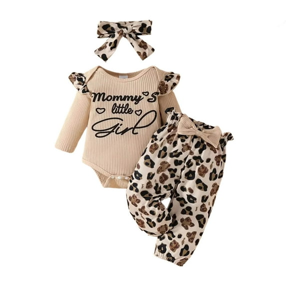 XIYON Toddler Girls Clothing Set Valentine's Day Baby Girl Outfit Heart Letter Printed Short Sleeve Bodysuit Striped Pants Leopard Bandana 9-12 Months