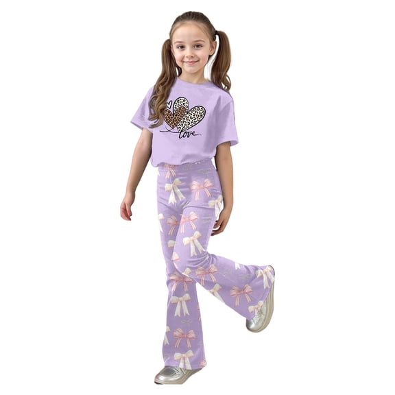 XIYON Toddler Girls Clothing Set Valentine's Day Cute Bow Heart Printed Short Sleeve Top With Flare Leg Pants Toddler 2 Piece Matching 7-8 Years