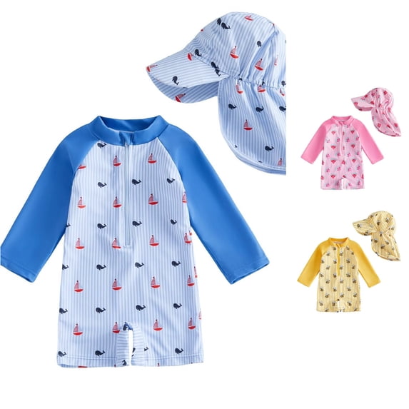 XIYON Toddler Kids Boys Swimsuit 2 Piece Long Sleeve Cartoon Print Half Zipper Swimwear And Swimming Cap Fashion Comfortable Beachwear For Swimming Beach Pool,Blue,9-12 Months