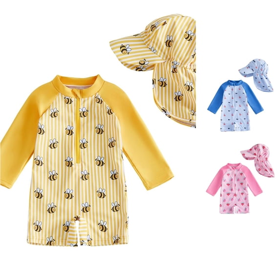 XIYON Toddler Kids Boys Swimsuit 2 Piece Long Sleeve Cartoon Print Half Zipper Swimwear And Swimming Cap Fashion Comfortable Beachwear For Swimming Beach Pool,Gold,6-9 Months