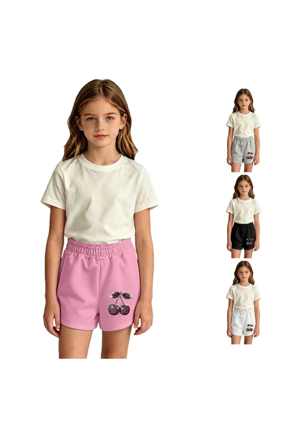 Toddler Kids Girls Shorts Summer Elastic Waist Cherry Print Loose Fit Comfortable Breathable Lightweight Shorts For Outdoor Activities,Pink,11-12 Years