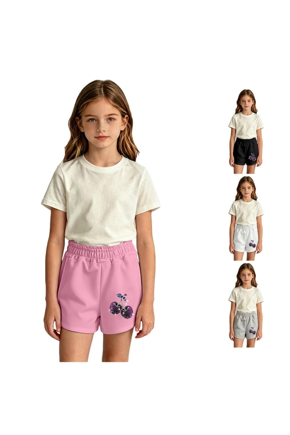 Toddler Kids Girls Shorts Summer Elastic Waist Cherry Print Loose Fit Comfortable Breathable Shorts For Casual Daily Wear,Pink,5-6 Years