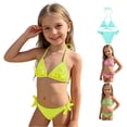 thumbnail image 1 of XIYON Toddler Kids Girls Swimsuit 2 Piece Sleeveless Halter Neck Solid Color Layered Ruffle Top And Bottoms Comfortable Swimwear For Beach Pool Party,Yellow,13-14 Years, 1 of 7