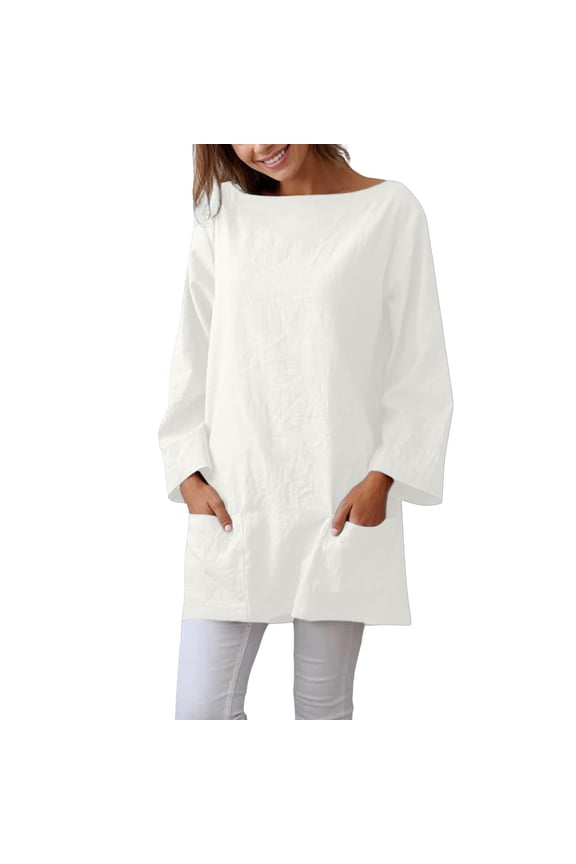 Tops For Women 2026 Casual Linen Boat Neck Shirt Summer Long Sleeve Loose Solid Tunic Long Blouse Top With Pockets Classic Fashion Outfits Trendy Clothes