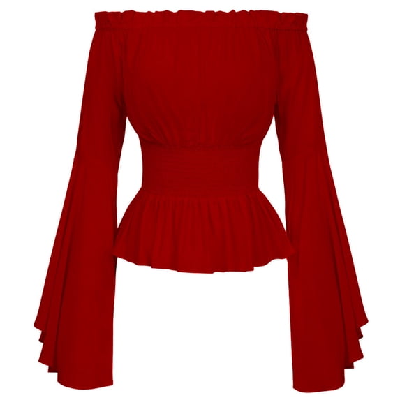 XIYON Tshirts For Women Off The Shoulder Casual Shirt Solid Color Tops Loose Retro Flare Sleeve Tops For Women Trendy