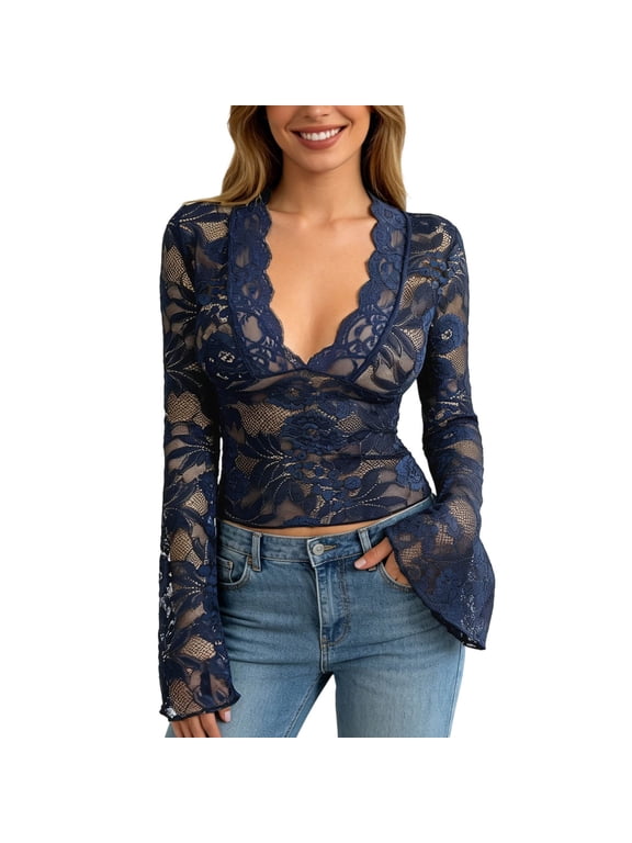 Tshirts For Women Women's Slim Fit Long Sleeve V Neck Lace Top Elegant Basic For Daily Wear And Casual Outings Workout Going Out Summer Tees
