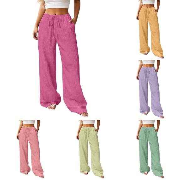 XIYON Wide Leg Pants for Women Solid Color Casual Pants with Pockets Elastic Waist Trousers for Fall Loose Fit