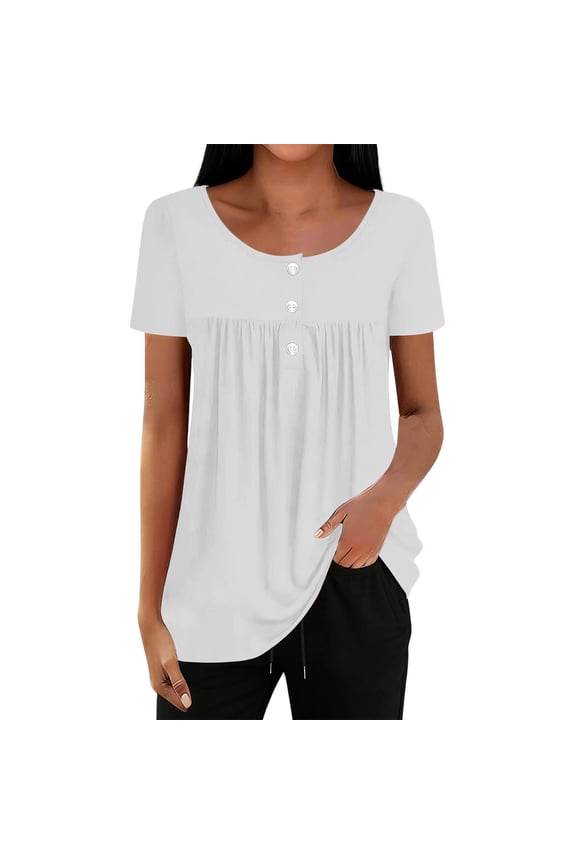 Women Tops Casual Short Sleeve Blouse Button Down Shirt Loose Fit Ruffle Design Tunic Top For Everyday Wear Lightweight Fashion Outfits Trendy Clothes