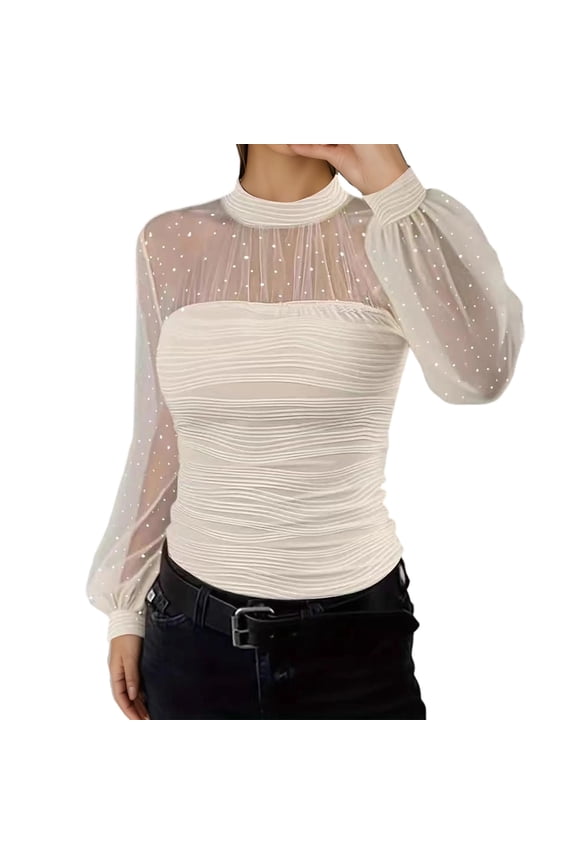 Women Tops Elegant Pearl Mesh Long Sleeve Blouse Layering Top Soft Basic Shirt For Casual And Dressy Occasions Comfortable Fashion Outfits Trendy Clothes