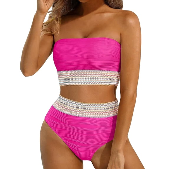 XIYON Women's Bikini Sets High Waisted Bandeau Bikini Set Women Color Block Strapless Two Piece Swimsuits Ribbed Longline Full Coverage Bathing Suits Swimwear Beach Vacation 2026