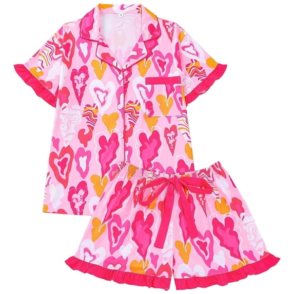 XIYON Women's Pajama Set Cozy Valentines Printed Pajama With Lapel Short Sleeves And Shorts For Relaxed Comfort Official Sleepwear Comfortable