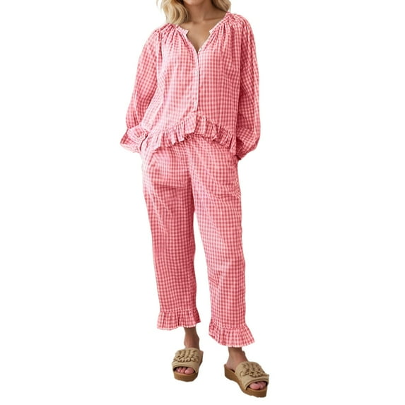 XIYON Women's Pajama Set Fashionable Leisure Plaid Pajama For With Ruffled Hem Long Pants And Relaxed Collar Shirt Soft Sleepwear Loungewear
