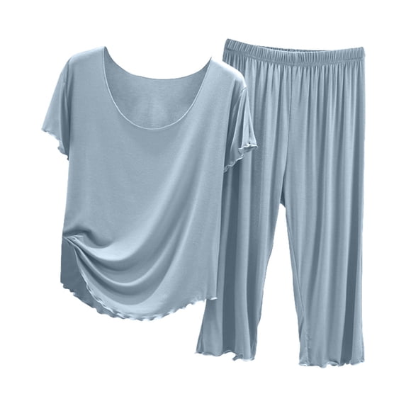XIYON Women's Pajama Set Summer Short Sleeve Top With Capri Pants Pajama Set Lightweight Casual Home Wear For Ladies Comfortable