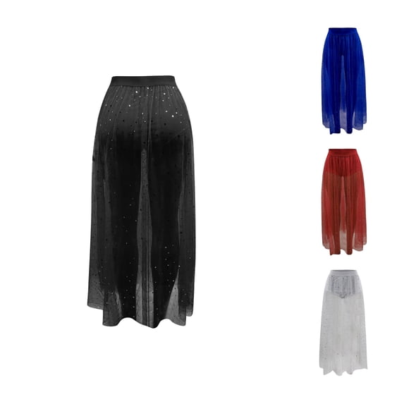 XIYON Women's Skirt Elastic Waist Solid Color Sheer Mesh A Line Comfortable Fashion Maxi Skirts For Casual Daily Wear,Black,S