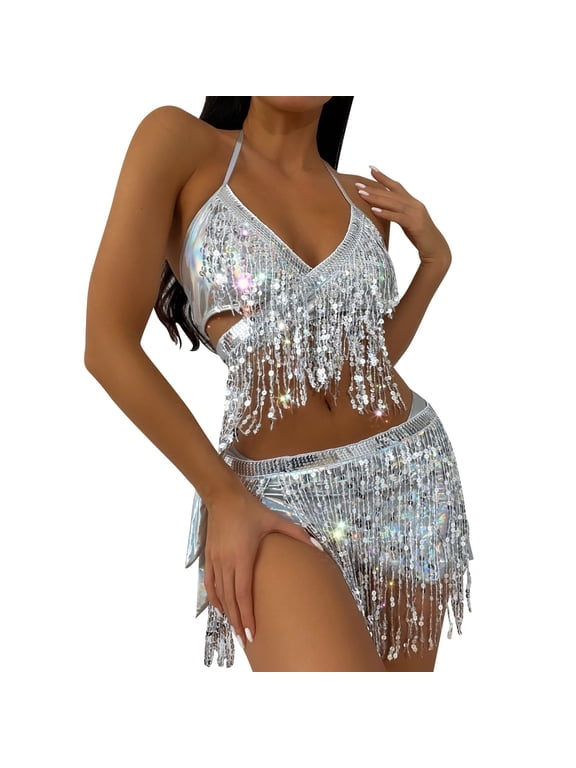 Womens Bikini Sets 2026 New Split Swimsuit Three Piece Women's Sparkling Cloth Tassel Bikini Beach Vacation 2026 Fashion