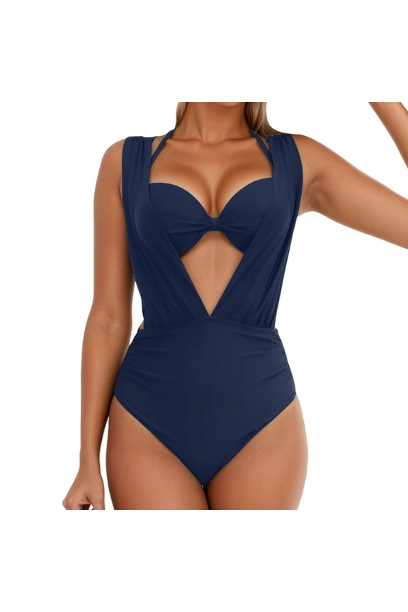 Womens Bikini Sets Deep V Hard Cup Gathered Underwear High Waisted Bikini Two Piece Swimsuit Beach Vacation Clothes