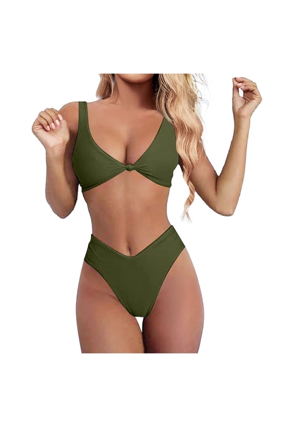 Womens Bikini Sets Solid Color V Neck Knot Front Push Up High Leg Thong Two Piece Swimsuit Beach Vacation 2026