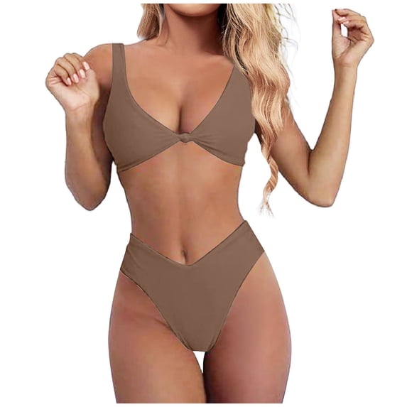 XIYON Womens Bikini Sets Solid Color V Neck Knot Front Push Up High Leg Thong Two Piece Swimsuit Vacation Outfits Swimwear 2026