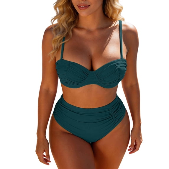 XIYON Womens Bikini Sets Two Piece Swimwear Bikini Top With High Waist Bottoms Solid Color Tankini Beachwear Classic