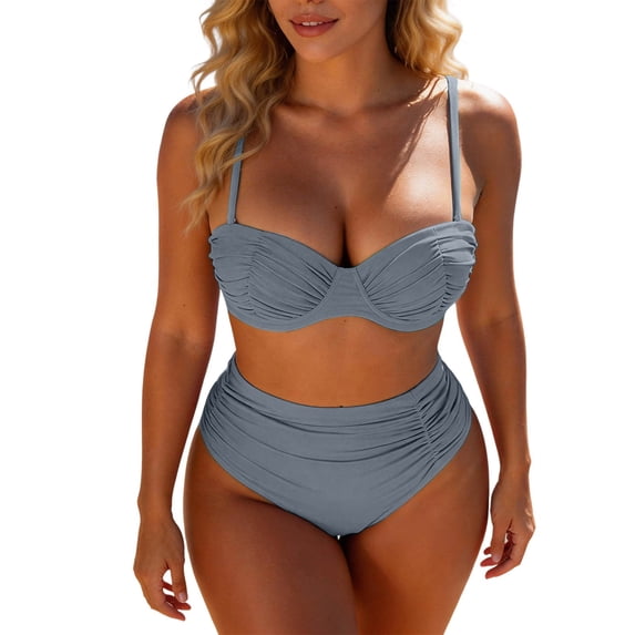 XIYON Womens Bikini Sets Two Piece Swimwear Bikini Top With High Waist Bottoms Solid Color Tankini Beachwear Comfortable