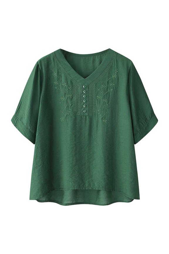 Womens Blouses Embroidered Short Sleeve Shirt Floral Design Casual Comfortable Blended V Neck Blouse Top For Everyday Wear Classic Fashion Outfits Trendy Clothes