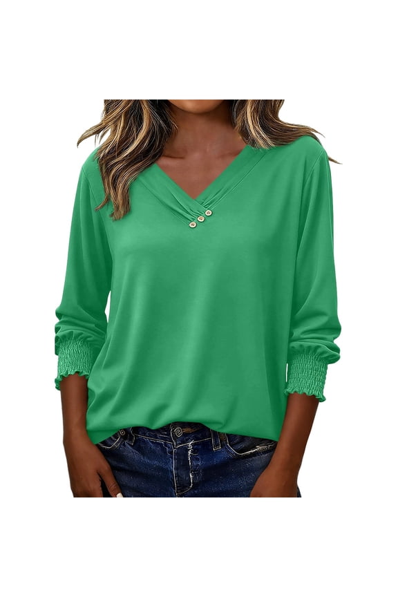 Womens Blouses Summer Casual Button Down Shirt Elegant Collar 3/4 Sleeve Blouse Top Soft Comfortable Daily Wear Fashion Outfits Trendy Clothes