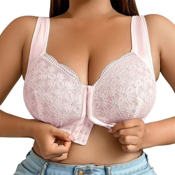 XIYON Womens Bras Comfortable And Breathable Plus Size Lace Embroidered Front Closure Bra For All Seasons Wireless Design For Daily Wear Comfort