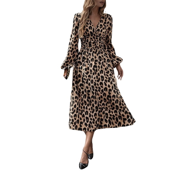 XIYON Womens Dresses Autumn Elegant Leopard Print Long Dress With Sleeves For Casual Outing And Daily Wear Comfortable Flowy Fit Soft Fabric Versatile Stylish Party Attire Travel Vacation Outfits