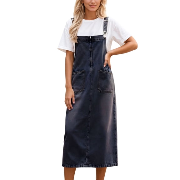XIYON Womens Dresses Casual Denim Pinafore Dress Mid Length Stretchy Comfort Fit Daily Wear Versatile Overalls Soft Twill Fabric Design For Ladies And Girls Dress