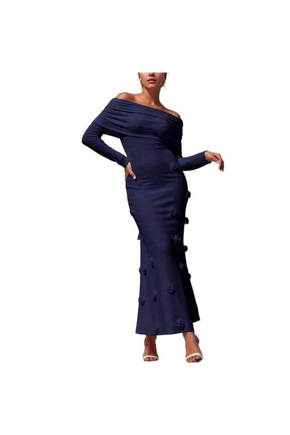 Womens Dresses Elegant Off Shoulder Knitted Casual Dress With Embossed Floral Patterns Versatile Beach Cover Up Resort Wear Sun Tunic Dress