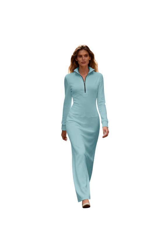 Womens Dresses Slim Fit Long Casual Dress With Gentle Waist Definition And Half Zip Stand Collar For Modern Dress