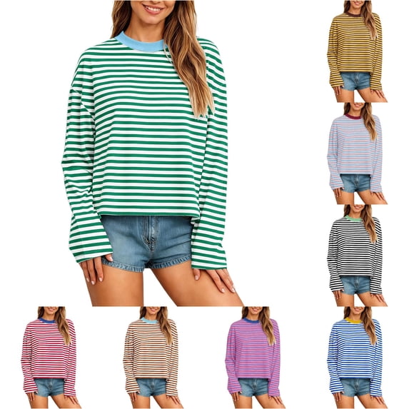 XIYON Womens Long Sleeve T Shirts Striped Crew Neck Tee Shirt Casual Loose Fit Going Out Tops Fall Clothing