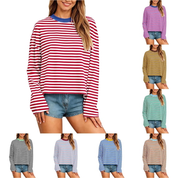 XIYON Womens Long Sleeve T Shirts Striped Crew Neck Tee Shirt Casual Loose Fit Going Out Tops Fall Clothing