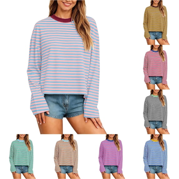 XIYON Womens Long Sleeve T Shirts Striped Crew Neck Tee Shirt Casual Loose Fit Going Out Tops Fall Clothing