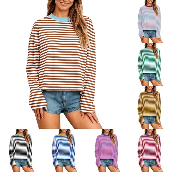 XIYON Womens Long Sleeve T Shirts Striped Crew Neck Tee Shirt Casual Loose Fit Going Out Tops Fall Clothing