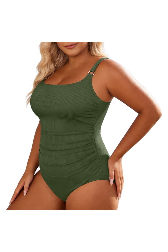 Womens One Piece Swimsuit Ribbed Casual Pleated Swimsuit Plus Size Bathing Tankini Swimwear For Beach Pool Swim Suits 2026
