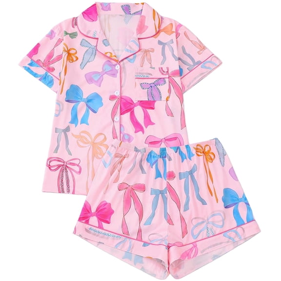XIYON Womens Pajama Sets Elegant Short Sleeve Button Front For With Bow Printed Relaxed Fit Home Wear Cute Pjs Sets Sleepwear Comfy Pjs Outfits