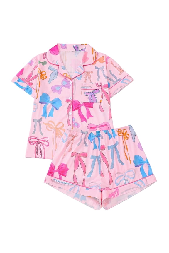 Womens Pajama Sets Elegant Short Sleeve Button Front For With Bow Printed Relaxed Fit Home Wear Cute Pjs Sets Sleepwear Comfy Pjs Outfits