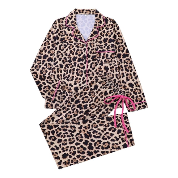 XIYON Womens Pajama Sets Leopard Printed Pajama Long Sleeve Button Down Shirt And Pants Comfortable Sleepwear For Cozy Nights And Relaxing Soft Sleepwear Loungewear