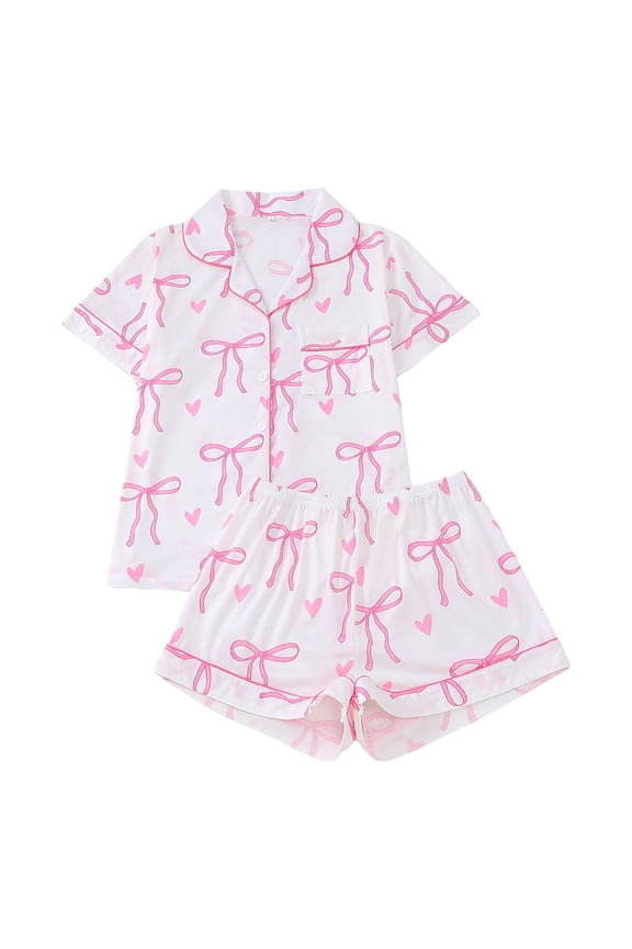 Womens Pajama Sets Women's Bow Print Lapel Sleepwear Set And Short Sleeves Two Piece Comfy Loungewear Comfy Loungewear