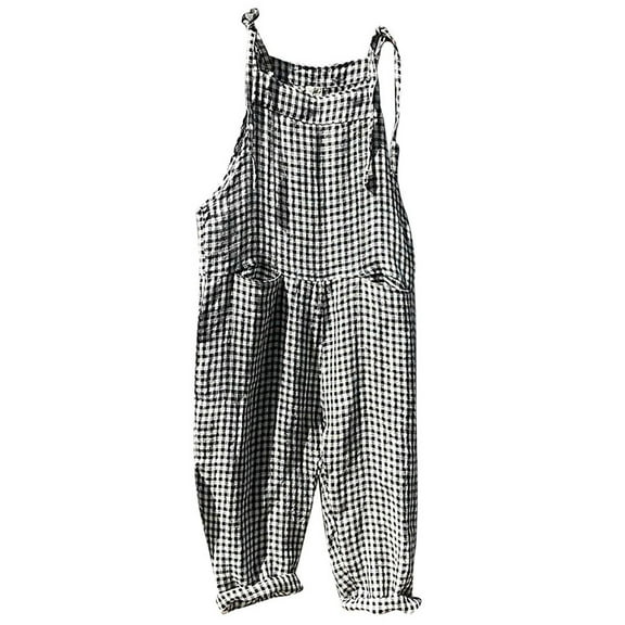 XIYON Womens Striped Linen Jumpsuits Casual Loose Fit Adjustable Strap Sleeveless Overalls Harem Wide Leg Bib Pants