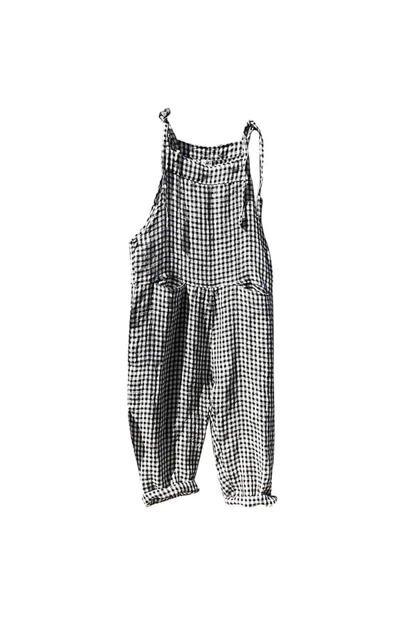Womens Striped Linen Jumpsuits Casual Loose Fit Adjustable Strap Sleeveless Overalls Harem Wide Leg Bib Pants