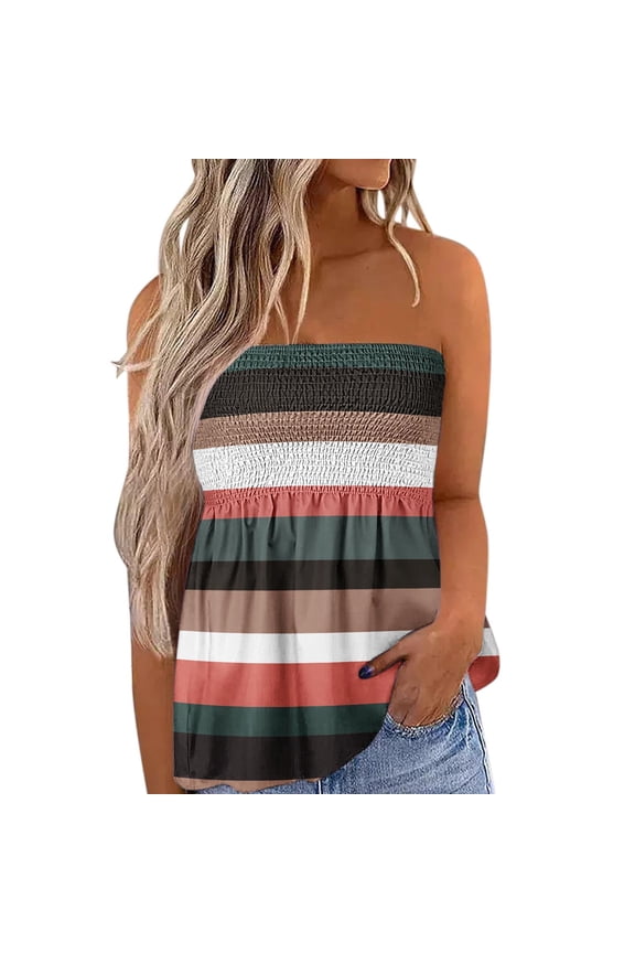 Womens Summer Tops Women Stripe Strapless Bandeau Tank Casual Sleeveless Summer Vacation Loose Holiday Tube Top Shirt Pleated Stretch Tunic Tanks Top Casual Trendy Clothes