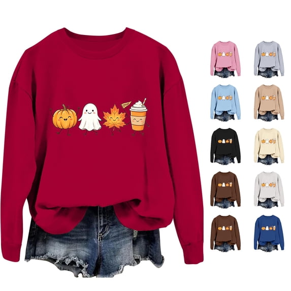 XIYON Womens Sweatshirts Halloween Pumpkin Ghost Print Sweatshirt Crewneck Long Sleeve Soft Cozy Pullover Everyday Comfort