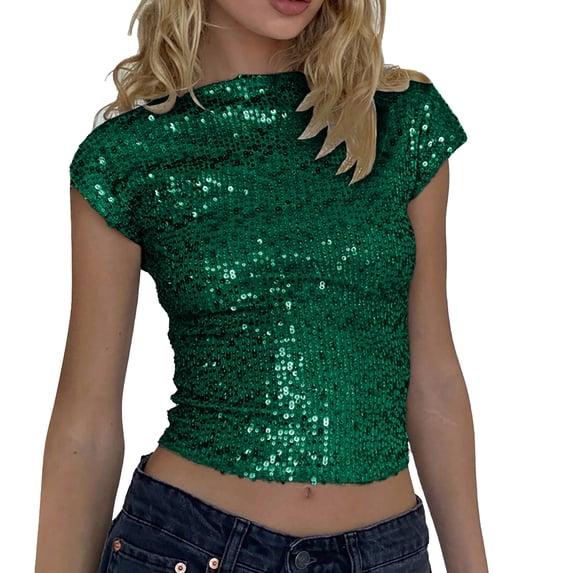 XIYON Womens T Shirts Fashion Backless Sequin Crew Neck Short Sleeve T Shirt Slim Fit Top Solid Color Tops For Women Trendy Going Out