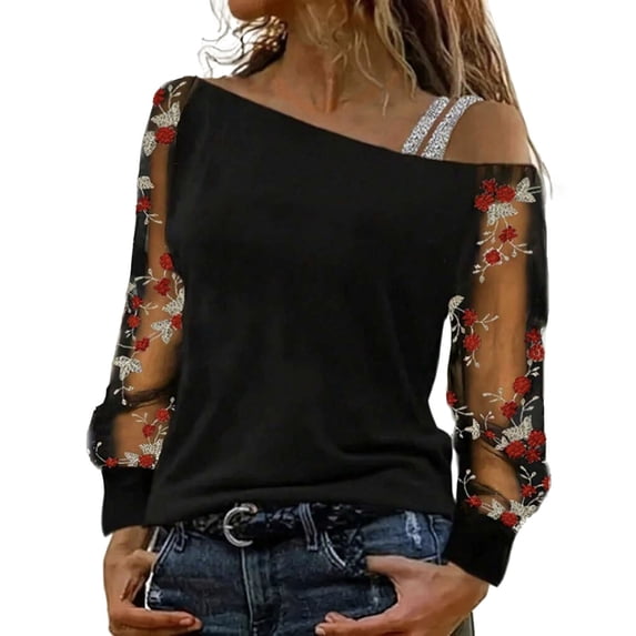 XIYON Womens T Shirts Festive Elegant Outfit Sequins Off Shoulder Top Modern Casual Color Block With Glitter Glitter Shirt Tops Beach Vacation Clothes