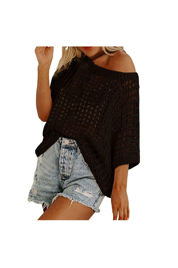 Womens T Shirts Summer Hollow Out Knit Tops Off Shoulder Short Sleeve Beach Cover Up Casual Crochet Pullover Shirts Tops For Women Trendy