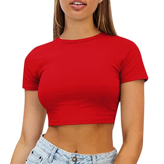 XIYON Womens T Shirts Women Casual Crew Neck Multicolor Solid Color Short Sleeved Tight Basic Bottoming Tshirt Beach Vacation Clothes